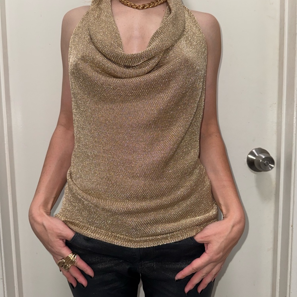 Gold Metallic Cowl Neck Sleeveless Sweater Top Zara